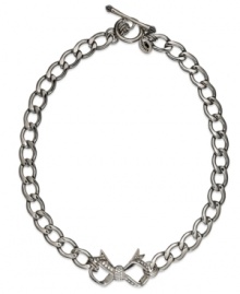 The total package. Juicy Couture's ladylike Bow Starter necklace features a glass stone-encrusted bow. Chain crafted in stainless steel. Charm and toggle crafted in silver tone brass. Approximate length: 18 inches. Approximate drop: 1 inch. The total package. Juicy Couture's ladylike Bow Starter necklace features a glass stone-encrusted bow. Chain crafted in stainless steel. Charm and toggle crafted in silver tone brass. Approximate length: 18 inches. Approximate drop: 1 inch.