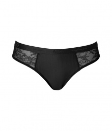 Sexy Brazilian-style thong in fine, black synthetic fiber blend - Especially comfortable, thanks to a generous touch of stretch - Two sheer lace panels at either hip - Medium rise brief is cut moderately high, elongating the leg - Stylish and seductive, ideal for evenings in! - Pair with a matching bra Sexy Brazilian-style thong in fine, black synthetic fiber blend - Especially comfortable, thanks to a generous touch of stretch - Two sheer lace panels at either hip - Medium rise brief is cut moderately high, elongating the leg - Stylish and seductive, ideal for evenings in! - Pair with a matching bra