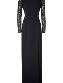 Showcase your sultry style in this luxe lace cut out gown from Michael Kors - Round neck, long lace sleeves, fitted bodice with lace cut outs, long column skirt with high front slit, exposed back zip closure - Pair with sky-high heels and an embellished clutch