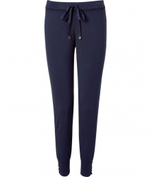 Lounge in style in these pants of dark blue modal - Hint of stretch is super-comfortable and flattering - Slim cut with drawstring waist, cuffs and decorative buttons - Wide, tapered legs - Decorative lace trim - Pair with favorite tees, camisoles or sweatshirts Lounge in style in these pants of dark blue modal - Hint of stretch is super-comfortable and flattering - Slim cut with drawstring waist, cuffs and decorative buttons - Wide, tapered legs - Decorative lace trim - Pair with favorite tees, camisoles or sweatshirts