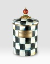 A beautifully crafted enamelware canister is individually handpainted and certain to find a home in any room. Fill it with flour in the kitchen, cotton balls in the bathroom or birdseed on the patio. The options are only limited by your imagination. Coordinating lid with wood handle Bronzed stainless steel rim Backed in durable steel 48-ounce capacity 6H X 5 diam. Hand wash Imported