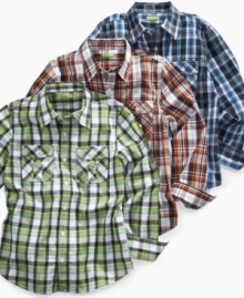 Prep his school style with this cool and comfortable 82Zero plaid shirt from Greendog. Prep his school style with this cool and comfortable 82Zero plaid shirt from Greendog.