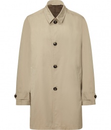 Classically elegant car coat in fine, pale beige cotton and silk blend - Soft yet ultra-durable material drapes beautifully - Small collar and four-button closure - Slash pockets at sides, rear vent - Slimmer, straight silhouette - Sleek and streamlined, works for day or evening - Pair with everything from business suits or a blazer and chinos to jeans and a pullover Classically elegant car coat in fine, pale beige cotton and silk blend - Soft yet ultra-durable material drapes beautifully - Small collar and four-button closure - Slash pockets at sides, rear vent - Slimmer, straight silhouette - Sleek and streamlined, works for day or evening - Pair with everything from business suits or a blazer and chinos to jeans and a pullover
