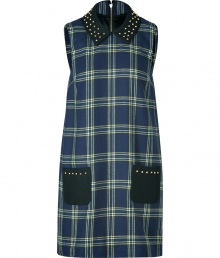 School-girl cool gets a rocker-chic remix in Juicy Coutures plaid shift dress, finished with stud embellishment for an edgy urban feel - Classic black collar with gold-toned studs, sleeveless, studded patch pockets, metal back zip, side slits - Straight silhouette - Pair with combat boots and cashmere knit cardigans