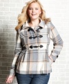 Go mad over plaid with Dollhouse's plus size toggle-front jacket, featuring a faux fur hood.