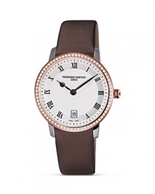 Ultra flat and sleek, the Slim Line is accented with a guilloché-patterned dial produced by a complex engraving procedure. By Frédérique Constant.