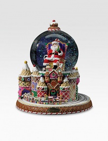 A delightful addition to your holiday decor, this cheerful design shows Santa amidst castles of sweet treats and plays the tune We Wish You A Merry Christmas.Hand-made, hand-paintedGlass and resinAbout 8W X 8H X 4.7 globe diameterMade in Poland