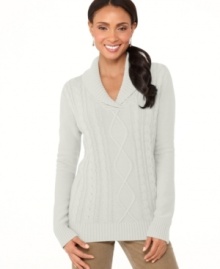 A shawl collar and cable knit lends a homespun look to this classic sweater from Karen Scott. A shawl collar and cable knit lends a homespun look to this classic sweater from Karen Scott.