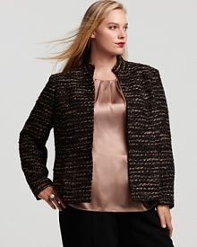 Richly textured tweed shapes this Jones New York Collection stand collar jacket, designed with lightly padded shoulders and a fitted waist to create a feminine silhouette. Richly textured tweed shapes this Jones New York Collection stand collar jacket, designed with lightly padded shoulders and a fitted waist to create a feminine silhouette.