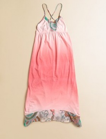 Rendered in plush cotton, this colorful, ombré frock with paisley trim is undeniably groovy.Sweetheart necklineBack tie criss cross spaghetti strapsElastic empire waistUneven hemCottonMachine wash coldMade in the USA Rendered in plush cotton, this colorful, ombré frock with paisley trim is undeniably groovy.Sweetheart necklineBack tie criss cross spaghetti strapsElastic empire waistUneven hemCottonMachine wash coldMade in the USA