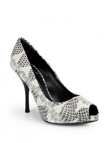 THE LOOKPeep toePadded insoleLeather heel 4 (100mm)Self-covered platform ½ (15mm)Compares to 3½ (90mm)THE MATERIALWatersnake-print upperLeather lining and soleORIGINMade in Italy THE LOOKPeep toePadded insoleLeather heel 4 (100mm)Self-covered platform ½ (15mm)Compares to 3½ (90mm)THE MATERIALWatersnake-print upperLeather lining and soleORIGINMade in Italy