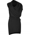 A classic example of the iconic Helmut Lang look, this asymmetrically draped black dress counts as a must for modern-minimalist wardrobes - Draped asymmetrical neckline, draped cap and short sleeves, exposed metal side zip - Softly draped fit on top, fitted skirt - Wear with flats modern-minimalist accessories