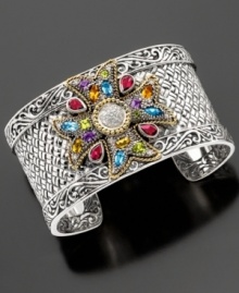 Ring your wrist with a rainbow of color. This gorgeous Effy Collection(tm) bracelet features round-cut diamonds (1/4 ct. t.w.), amethyst (1/2 ct. t.w.), blue topaz (1-1/3 ct. t.w.), citrine (9/10 ct. t.w.), rhodolite (2 ct. t.w.) & peridot (1/2 ct. t.w.). Crafted in 18k gold & sterling silver. Approximate diameter: 2-1/4 ct. t.w. Ring your wrist with a rainbow of color. This gorgeous Effy Collection(tm) bracelet features round-cut diamonds (1/4 ct. t.w.), amethyst (1/2 ct. t.w.), blue topaz (1-1/3 ct. t.w.), citrine (9/10 ct. t.w.), rhodolite (2 ct. t.w.) & peridot (1/2 ct. t.w.). Crafted in 18k gold & sterling silver. Approximate diameter: 2-1/4 ct. t.w.