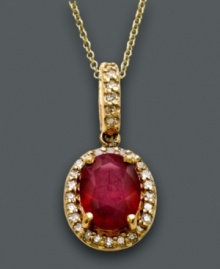 Fit for a queen. This royalty-inspired pendant by Effy Collection features a bold oval-cut ruby (1-3/8 ct. t.w.) surrounded by sparkling pave-set diamond (1/6 ct. t.w.). Crafted in 14k gold. Approximate length: 18 inches. Approximate drop: 3/4 inch. Fit for a queen. This royalty-inspired pendant by Effy Collection features a bold oval-cut ruby (1-3/8 ct. t.w.) surrounded by sparkling pave-set diamond (1/6 ct. t.w.). Crafted in 14k gold. Approximate length: 18 inches. Approximate drop: 3/4 inch.