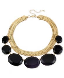A bold frontal design from Haskell. Large black acrylic stones round out a golden necklace. Crafted in gold tone mixed metal. Approximate length: 16 inches + 3-inch extender. Approximate drop: 2 inches. A bold frontal design from Haskell. Large black acrylic stones round out a golden necklace. Crafted in gold tone mixed metal. Approximate length: 16 inches + 3-inch extender. Approximate drop: 2 inches.