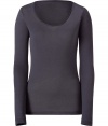 Stylish long sleeved shirt in fine cotton and cashmere - Very soft, comfortable quality - In classic dark grey - With a wide, feminine scoop neckline - The cut is slim, fitted and slightly longer, no cuffs - A casual, yet dressed up alternative to a blouse - Pairs with a pant suit, jeans or a cardigan