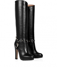 Luxurious boot in fine black leather - Stylish and sexy with a studded wrap belt at ankle - Round toe, blocked heel, narrow shape and high, slim shaft - Favorite choice for knit dresses, mini skirts and skinny jeans