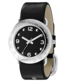 An eye-catching watch from Marc by Marc Jacobs in classy jet black and silvertone. Black leather strap. Silvertone stainless steel round case and round black dial with logo and numeral indices. Quartz movement. Water resistant to 30 meters. Two-year limited warranty. An eye-catching watch from Marc by Marc Jacobs in classy jet black and silvertone. Black leather strap. Silvertone stainless steel round case and round black dial with logo and numeral indices. Quartz movement. Water resistant to 30 meters. Two-year limited warranty.