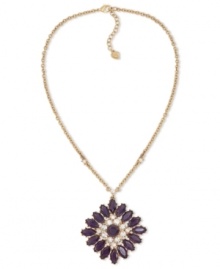 Pretty up your neckline. Carolee's pendant necklace features a sunburst pattern with glass accents and colorful epoxy stones. Crafted from 12k gold-plated mixed metal. Approximate length: 16 inches + 2-inch extender. Approximate drop: 2 inches. Pretty up your neckline. Carolee's pendant necklace features a sunburst pattern with glass accents and colorful epoxy stones. Crafted from 12k gold-plated mixed metal. Approximate length: 16 inches + 2-inch extender. Approximate drop: 2 inches.