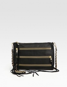 Leather fringe ties complete this sleek bag with exposed pockets. Removable shoulder strap, 23 dropTop zip closureFour outside zip pocketsOne inside zip pocketThree inside open pocketsCotton lining11¼W X 8H X 2½DImported