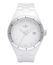 adidas adds a sleek touch of silver to the classically sporty style of this Cambridge watch. White polyurethane strap and round plastic case with silver tone aluminum bezel. White grid-patterned dial features silver tone stick indices, minute track, date window at three o'clock, three hands and logo at twelve o'clock. Quartz movement. Water resistant to 50 meters. Two-year limited warranty. adidas adds a sleek touch of silver to the classically sporty style of this Cambridge watch. White polyurethane strap and round plastic case with silver tone aluminum bezel. White grid-patterned dial features silver tone stick indices, minute track, date window at three o'clock, three hands and logo at twelve o'clock. Quartz movement. Water resistant to 50 meters. Two-year limited warranty.