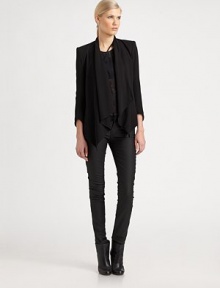 Lightweight crepe pairs defined shoulders against a fluid draped-front in this dynamic cropped blazer.Foldover lapelsAsymmetrical button frontThree-quarter sleevesBodice seamsWelt pocketsBack contour hemAbout 27 from shoulder to hemViscoseDry cleanMade in USA of Italian fabricModel shown is 5'10 (177cm) wearing US size 4. Lightweight crepe pairs defined shoulders against a fluid draped-front in this dynamic cropped blazer.Foldover lapelsAsymmetrical button frontThree-quarter sleevesBodice seamsWelt pocketsBack contour hemAbout 27 from shoulder to hemViscoseDry cleanMade in USA of Italian fabricModel shown is 5'10 (177cm) wearing US size 4.