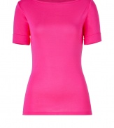 Liven up your workweek style with Ralph Lauren Blacks hot pink cuffed-sleeve tee, a luxe alternative for chic casual looks - Boat-neckline, cuffed elbow-length sleeves - Long lean fit - Wear with everything from favorite skinnies and loafers to circle skirts and heels