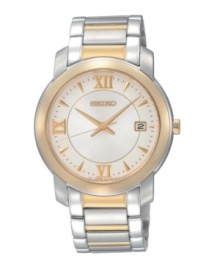 A goldtone bezel adds indisputable class to this Seiko dress watch. Two tone stainless steel bracelet and round case. White dial features goldtone stick indices, logo, Roman numerals at twelve, six and nine o'clock and date window at three o'clock. Quartz movement. Water resistant to 30 meters. Three-year limited warranty.