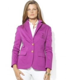 Lustrous signature buttons and Lauren Ralph Lauren's iconic monogram luxuriously accent a trim blazer crafted from smooth stretch sateen. Lustrous signature buttons and Lauren Ralph Lauren's iconic monogram luxuriously accent a trim blazer crafted from smooth stretch sateen.