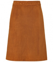 Channel effortless boho chic in LAgences super-supple lambskin skirt - Sumptuously soft, suede material in an elegant tawny brown - Classic A-line silhouette hits above at knee and flares gently at hem - Decorative braided trim cinches the waist - Zips at back - Simple yet sophisticated, perfect for pairing with tunic tops, tie neck blouses and slim cut button downs Channel effortless boho chic in LAgences super-supple lambskin skirt - Sumptuously soft, suede material in an elegant tawny brown - Classic A-line silhouette hits above at knee and flares gently at hem - Decorative braided trim cinches the waist - Zips at back - Simple yet sophisticated, perfect for pairing with tunic tops, tie neck blouses and slim cut button downs