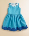 A whimsical flight of fancy, this stunning colorblock frock features a full skirt and scalloped trim for a princess-worthy ensemble.JewelneckSleevelessBack zipperFull skirtPolyesterDry cleanMade in the USA of imported fabric