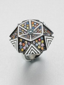 A geometric design encrusted with multi-colored sapphire stones and accented with enamel and blue topaz set in an enamel accented rhodium-plated sterling silver shank. Blue topazMulti-colored sapphiresEnamelRhodium-plated sterling silverImported A geometric design encrusted with multi-colored sapphire stones and accented with enamel and blue topaz set in an enamel accented rhodium-plated sterling silver shank. Blue topazMulti-colored sapphiresEnamelRhodium-plated sterling silverImported