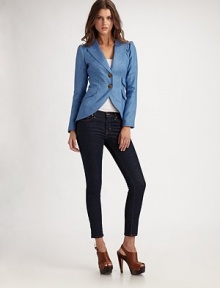 A feminine take on equestrian chic rendered in crisp linen emboldened by perforated elbow patches.Notched lapel Button front Princess seams Slightly puffed shoulders Front flap pockets About 27 from shoulder to hem Linen; dry clean Imported A feminine take on equestrian chic rendered in crisp linen emboldened by perforated elbow patches.Notched lapel Button front Princess seams Slightly puffed shoulders Front flap pockets About 27 from shoulder to hem Linen; dry clean Imported