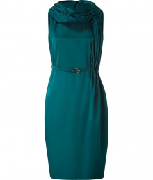 Elegant sleeveless dress in emerald silk and wool blend - Rich color and sophisticated detail up the ante on ladylike luxe - Ample gather detail at neck line - Skinny belt cinches the waist - Slim cut, hits below the knee - Pair with platform pumps and cocktail jewelry Elegant sleeveless dress in emerald silk and wool blend - Rich color and sophisticated detail up the ante on ladylike luxe - Ample gather detail at neck line - Skinny belt cinches the waist - Slim cut, hits below the knee - Pair with platform pumps and cocktail jewelry