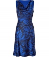 Stylish dress of fine royal blue silk -  Black abstract graphic pattern - Fashionable, sleeveless slim cut - Elastane provides slight stretch for flattering shape - Feminine cowl neckline - Slightly flared hem falls across the knee - Go-to dress for summer evening events - Pair with Mary Jane heels