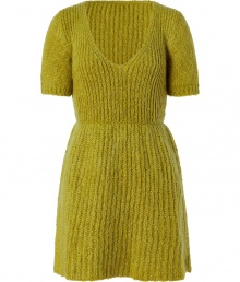 This fun and feminine, pistachio-hued Moschino Cheap & Chic dress offers a playful, tactile twist on the classic A-liner  - Crafted from an ultra-soft, ribbed mohair knit blend - Slim cut, with a gathered waist and gently pleated, A-line skirt - Fitted bodice with deep v-neck and short sleeves - Seamlessly transitions from the office to evenings out - Pair with tights and ballet flats or ankle booties