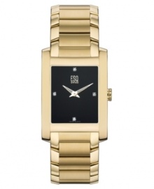 Refined and elegant. This ESQ by Movado men's watch features a goldtone stainless steel bracelet and rectangular case. Black rectangular dial with logo and diamond accent indices. Quartz movement. Water resistant to 30 meters. Two-year limited warranty.