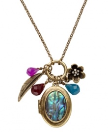 Under lock and key. This mesmerizing pendant necklace from Fossil features a brass tone locket with abalone shell detail, feather and flower charms, clusters of colored resin, dyed jade and clear crystals. Crafted in brass tone mixed metal. Convertible chain. Approximate length: 18 inches or 32 inches. Approximate drop: 2 inches.