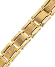 Winning shine. This sophisticated men's bracelet features a stainless steel and yellow ion-plated setting with rows of single-cut diamonds (1/10 ct. t.w.). Approximate length: 8-1/2 inches. Winning shine. This sophisticated men's bracelet features a stainless steel and yellow ion-plated setting with rows of single-cut diamonds (1/10 ct. t.w.). Approximate length: 8-1/2 inches.