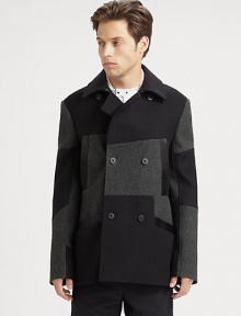 A brilliant patchwork pattern lends instant appeal to this wool peacoat.Button frontSlash pocketsAsymmetrical back yokeFully linedAbout 30 from shoulder to hemWoolDry cleanImported A brilliant patchwork pattern lends instant appeal to this wool peacoat.Button frontSlash pocketsAsymmetrical back yokeFully linedAbout 30 from shoulder to hemWoolDry cleanImported