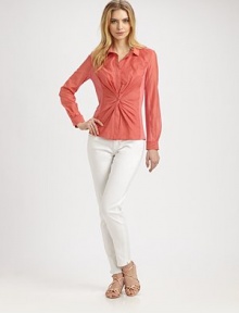 Soft silk and cotton are perfectly complemented by feminine touches like sheer-detail sleeves and a waist-accentuating pleated, twist front.Collar neckSheer-detail, long sleevesButtoned cuffsPrincess seamsButton frontPleated, twist frontAbout 25 from shoulder to hem70% cotton/30% silkDry cleanImported Model shown is 5'10½ (179cm) wearing US size Small. OUR FIT MODEL RECOMMENDS ordering true size. Soft silk and cotton are perfectly complemented by feminine touches like sheer-detail sleeves and a waist-accentuating pleated, twist front.Collar neckSheer-detail, long sleevesButtoned cuffsPrincess seamsButton frontPleated, twist frontAbout 25 from shoulder to hem70% cotton/30% silkDry cleanImported Model shown is 5'10½ (179cm) wearing US size Small. OUR FIT MODEL RECOMMENDS ordering true size.