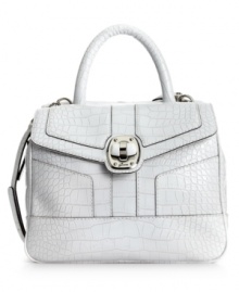 The perfect blend of poise and edge. This refined satchel silhouette is graced with an all-over crocodile print, sleek turnlock decoration and convenient optional crossbody strap. The perfect blend of poise and edge. This refined satchel silhouette is graced with an all-over crocodile print, sleek turnlock decoration and convenient optional crossbody strap.