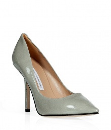 Stylish pumps in fine, medium grey patent leather - A true classic, sophisticated and versatile - Pointed toe and low vamp - Slim yet sturdy high heel - Elegant black piping detail - Ideal for day or evening, seamlessly transitions from the office to cocktails - Pair with a wrap dress, pencil skirt or wide-leg trouser