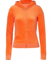 Kick-start your new season off-duty look with Juicy Coutures eye-catching orange velour hoodie - Hooded, front zip closure, long sleeves, split kangaroo pocket - Slim fit - Pair with matching pants, favorite jeans, or mini-skirts