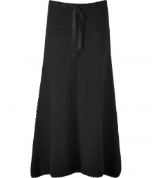Stylish skirt in fine black wool and cashmere blend - New maxi length hits at ankle - Trendy all-over crochet knit detail - Flattering, feminine trapeze silhouette - Soft, fluid fall - Elegant ribbon tie at waist - Pair with a lightweight cashmere sweater or fitted top and high heels Stylish skirt in fine black wool and cashmere blend - New maxi length hits at ankle - Trendy all-over crochet knit detail - Flattering, feminine trapeze silhouette - Soft, fluid fall - Elegant ribbon tie at waist - Pair with a lightweight cashmere sweater or fitted top and high heels