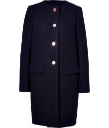 Immaculately tailored with a distinctly Parisian feel, C?dric Charliers sleek navy coat is an elegant choice for sophisticated ladylike looks - Collarless, long sleeves, button-down front, flap pockets - Tailored fit, slightly tapered hemline - Team with printed silk scarves and flawless leather accessories