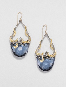 From the Elements Siyabona Collection. Golden tendrils set with Swarovski crystals and thorny gunmetal accents wind their way around open loops that hold faceted drops the color of light blue sapphires.Crystal and glassGoldtone and ruthenium platingLength, about 2.5Ear wireMade in USA