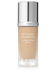 Anti-Aging Foundation a cellular emulsion SPF 15 is a luxurious, fluid foundation that appears natural, yet provides gorgeous coverage on the skin. This innovative skincare foundation is formulated with La Prairie's proprietary Intervention Complex and La Prairie's legendary Cellular Complex for skin that is protected, flawless with a firmer more lifted appearance. Anti-Aging Foundation a cellular emulsion SPF 15 is a luxurious, fluid foundation that appears natural, yet provides gorgeous coverage on the skin. This innovative skincare foundation is formulated with La Prairie's proprietary Intervention Complex and La Prairie's legendary Cellular Complex for skin that is protected, flawless with a firmer more lifted appearance.