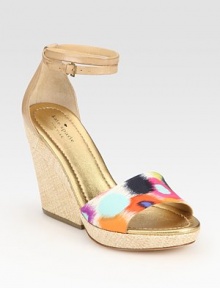 Textured straw wedge with leather trim, an adjustable ankle strap and a modern printed silk upper. Straw wedge, 3 (75mm)Straw platform, 1 (25mm)Compares to a 2 heel (50mm)Leather and printed silk upperLeather lining and solePadded insoleImported