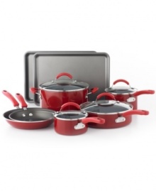 Good help is easy to find with this fully-stocked set in your kitchen. Crafted from porcelain enamel in a rich red hue, this cookware collection combines a heavy-gauge aluminum construction for efficient, even heating with durable, reinforced nonstick interiors that prompt effortless food release & hassle-free cleanup. Plus, with two cooking pans thrown in, this collection makes dessert a nightly tradition! Good help is easy to find with this fully-stocked set in your kitchen. Crafted from porcelain enamel in a rich red hue, this cookware collection combines a heavy-gauge aluminum construction for efficient, even heating with durable, reinforced nonstick interiors that prompt effortless food release & hassle-free cleanup. Plus, with two cooking pans thrown in, this collection makes dessert a nightly tradition!